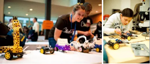 Photos of young women assembling robotic toys