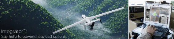 Photos: Flying drone ("Ingrator™: Say hello to powerful payload options.", Person at hardened laptop controlling drone