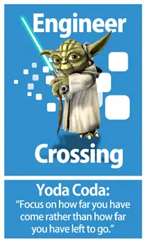 Drawing of Yoda wielding a lightsaber. "Engineer Crossing" Yoda Coda: "Focus on how far you have come rather than how far you have left to go"